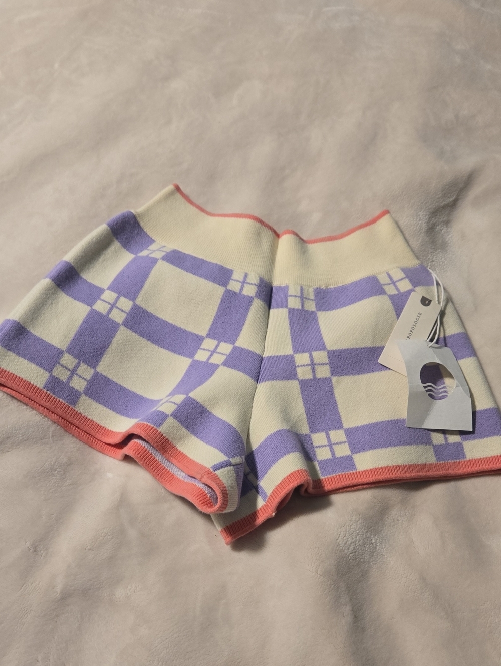 High-Waist Cream & Lavender Plaid Knit Shorts with Coral Trim